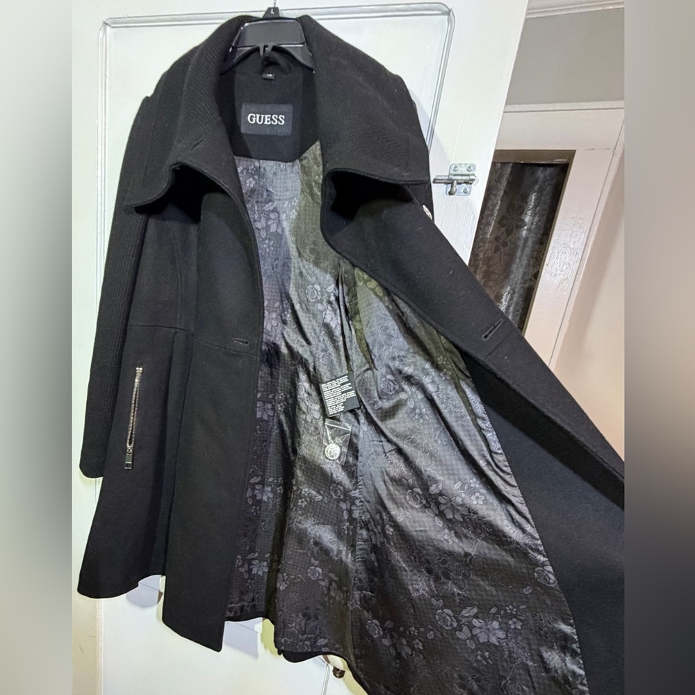 Guess Black Pea coat fit and flare with Silver buttons and zippers size large. - Picture 3 of 7